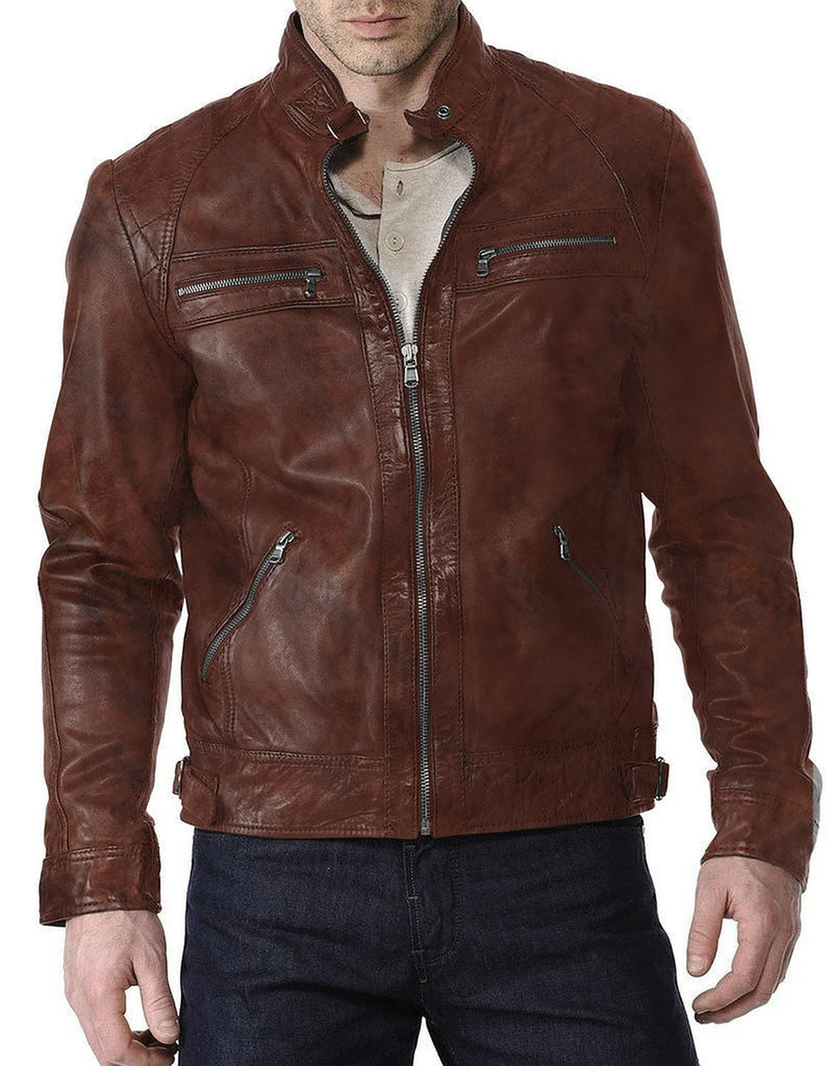 Leather Jackets Hub Mens Genuine Lambskin Leather Jacket (Black, Racer Jacket) - 1501018