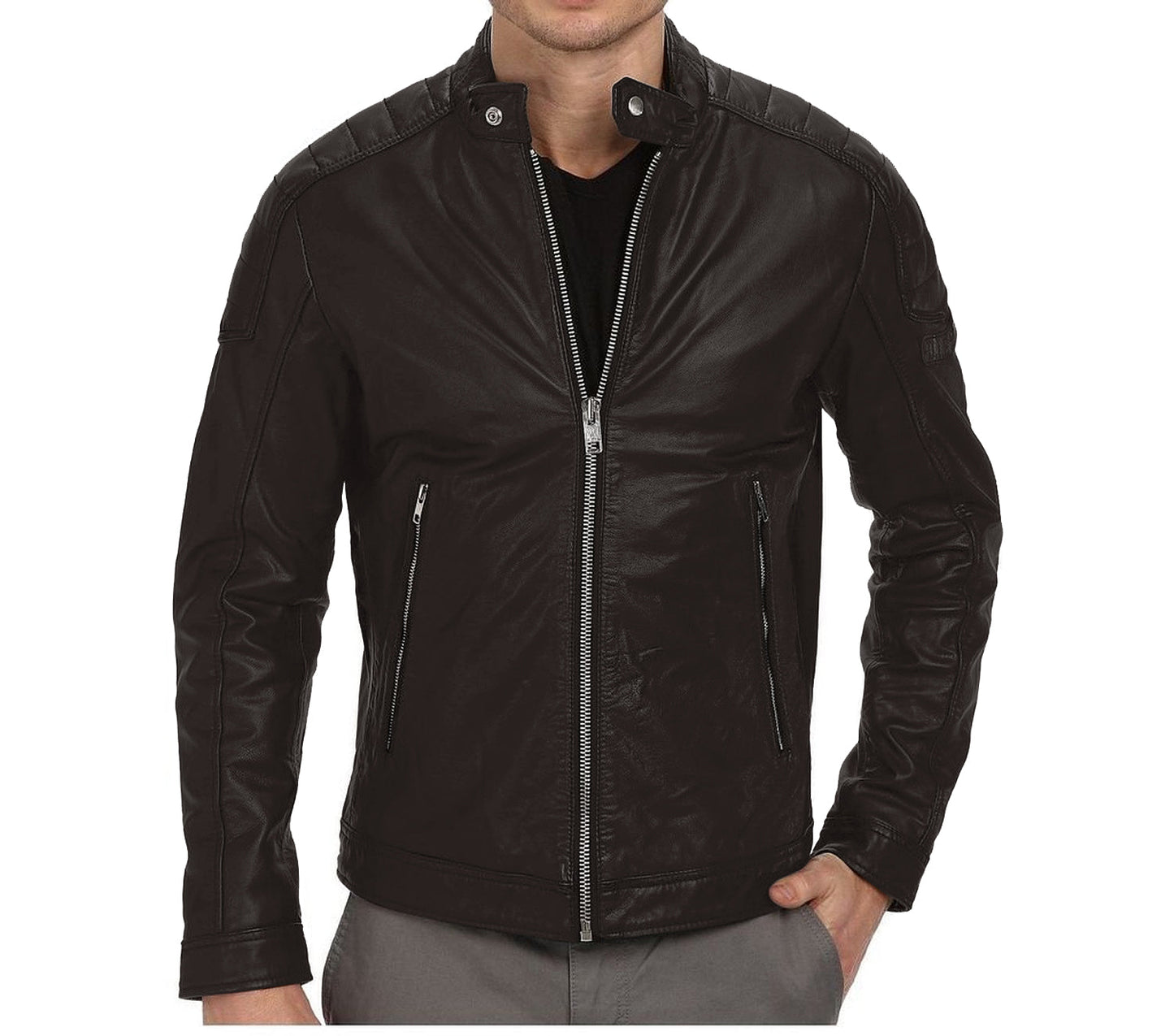 Leather Jackets Hub Mens Genuine Lambskin Leather Jacket (Black, Racer Jacket) - 1501026