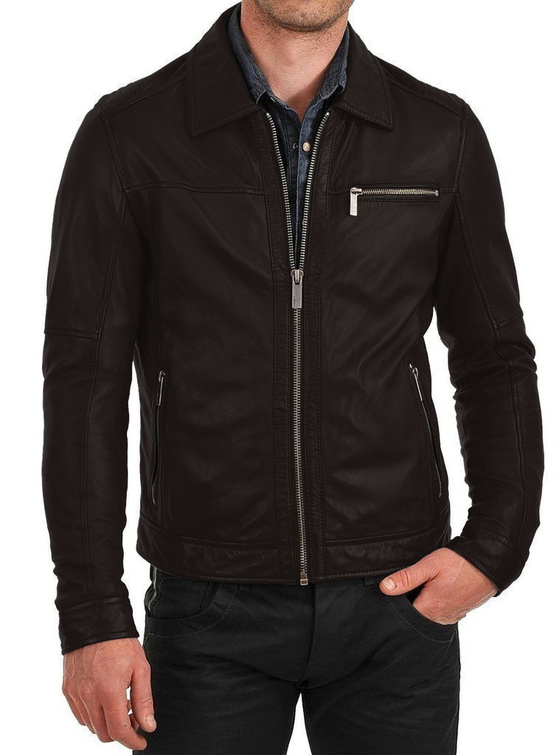 Leather Jackets Hub Mens Genuine Lambskin Leather Jacket (Black, Classic Jacket) - 1501091