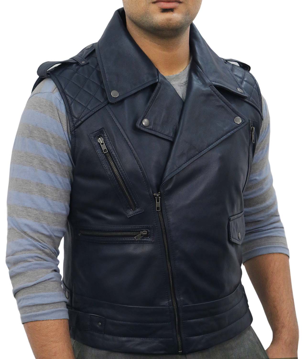 Leather Jackets Hub Mens Genuine Lambskin Leather Waist (Black, Biker Vest) - 1503096
