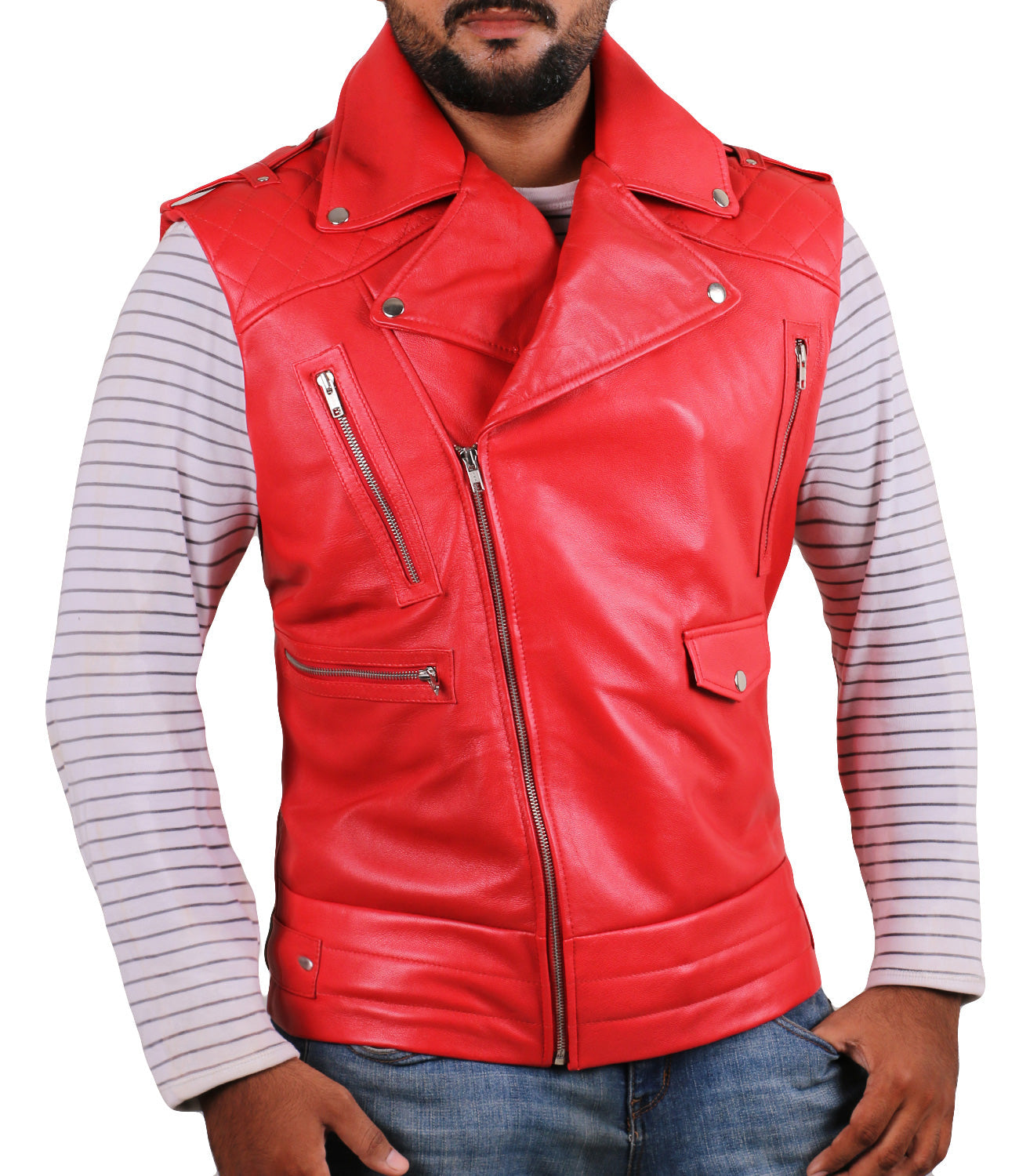 Leather Jackets Hub Mens Genuine Lambskin Leather Waist (Black, Biker Vest) - 1503096