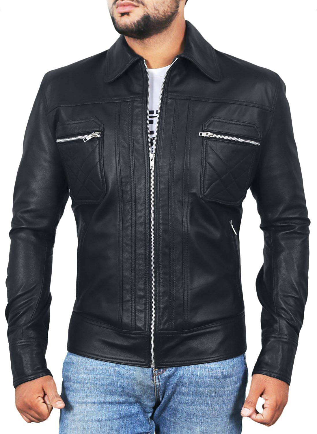 Leather Jackets Hub Mens Genuine Lambskin Leather Jacket (Black, Classic Jacket) - 1501153