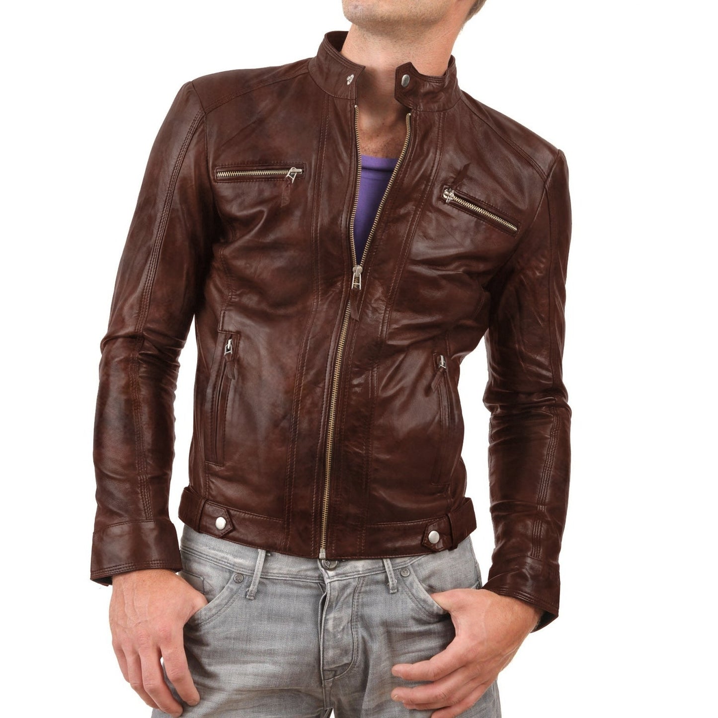 Leather Jackets Hub Mens Genuine Lambskin Leather Jacket (Black, Racer Jacket) - 1501275
