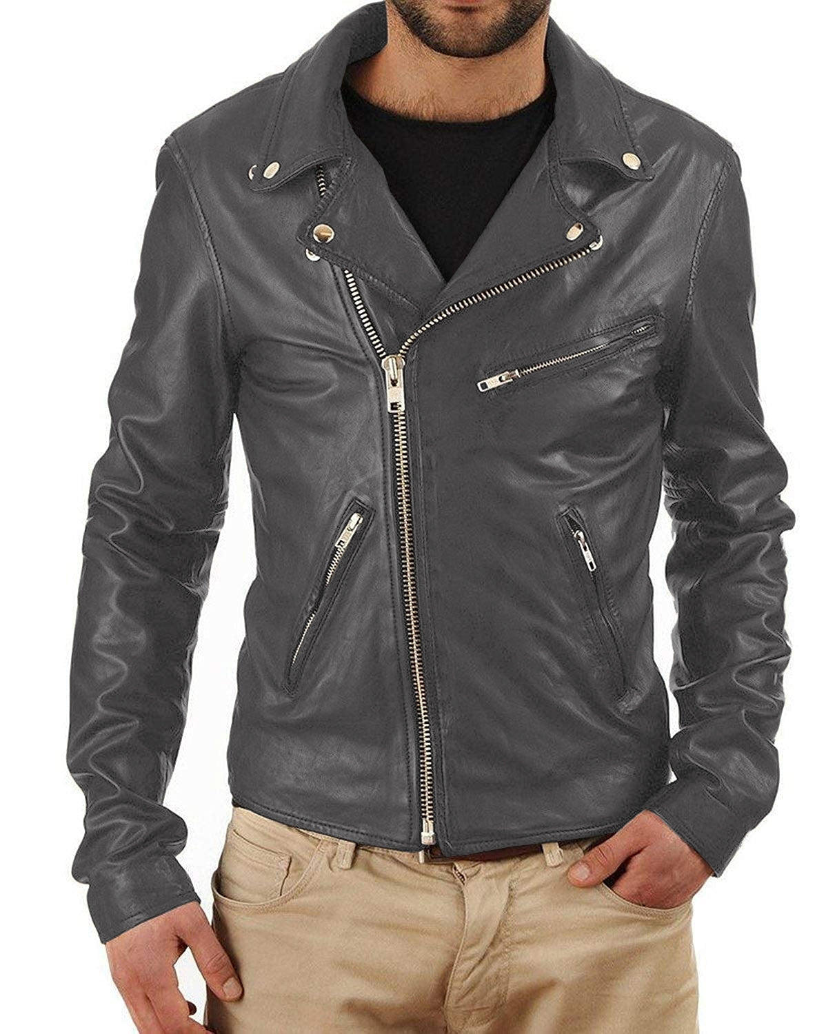 Leather Jackets Hub Mens Genuine Lambskin Leather Jacket (Black, Rocker Jacket) - 1501325