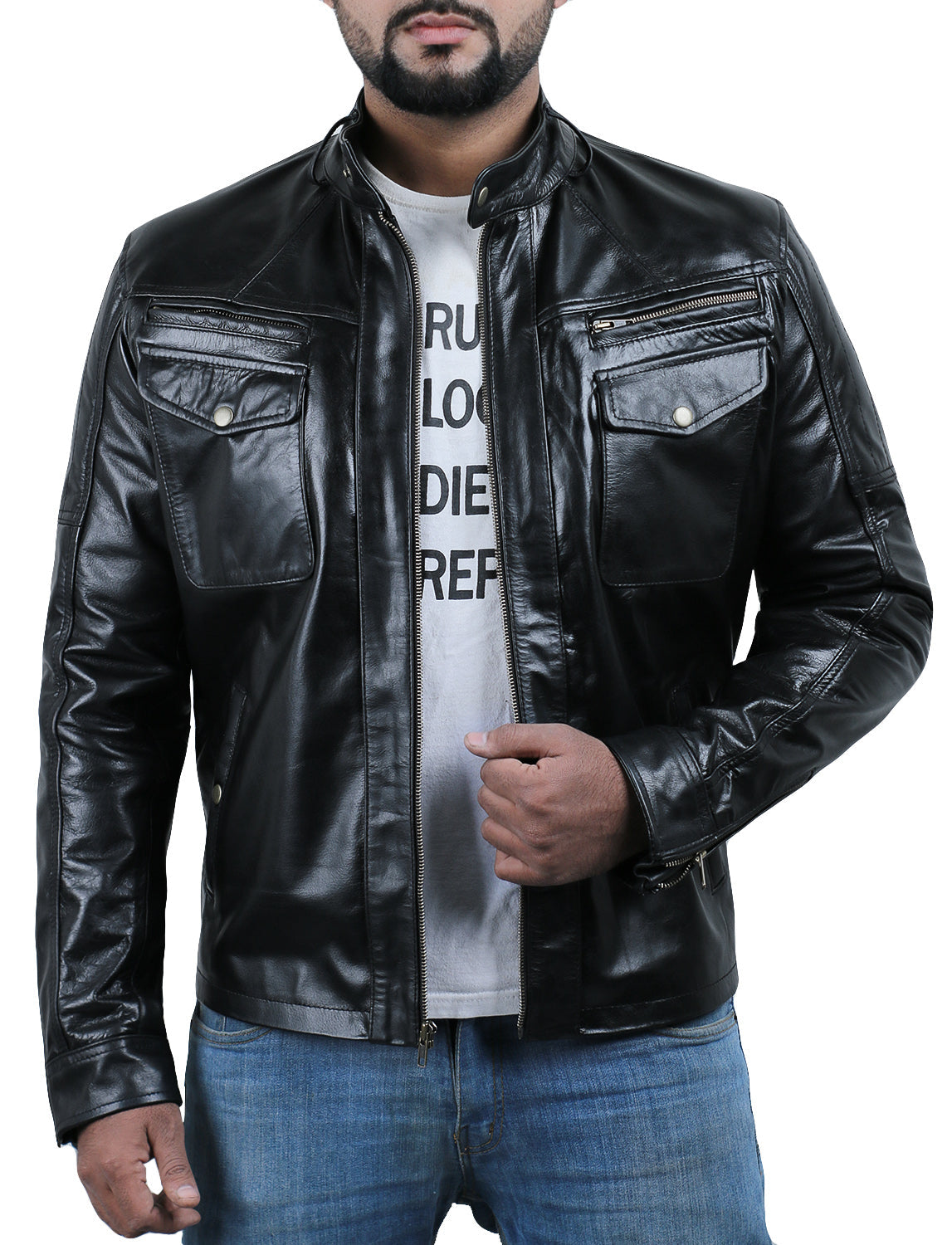Leather Jackets Hub Mens Genuine Cowhide Leather Jacket (Black, Officer Jacket) - 1501608