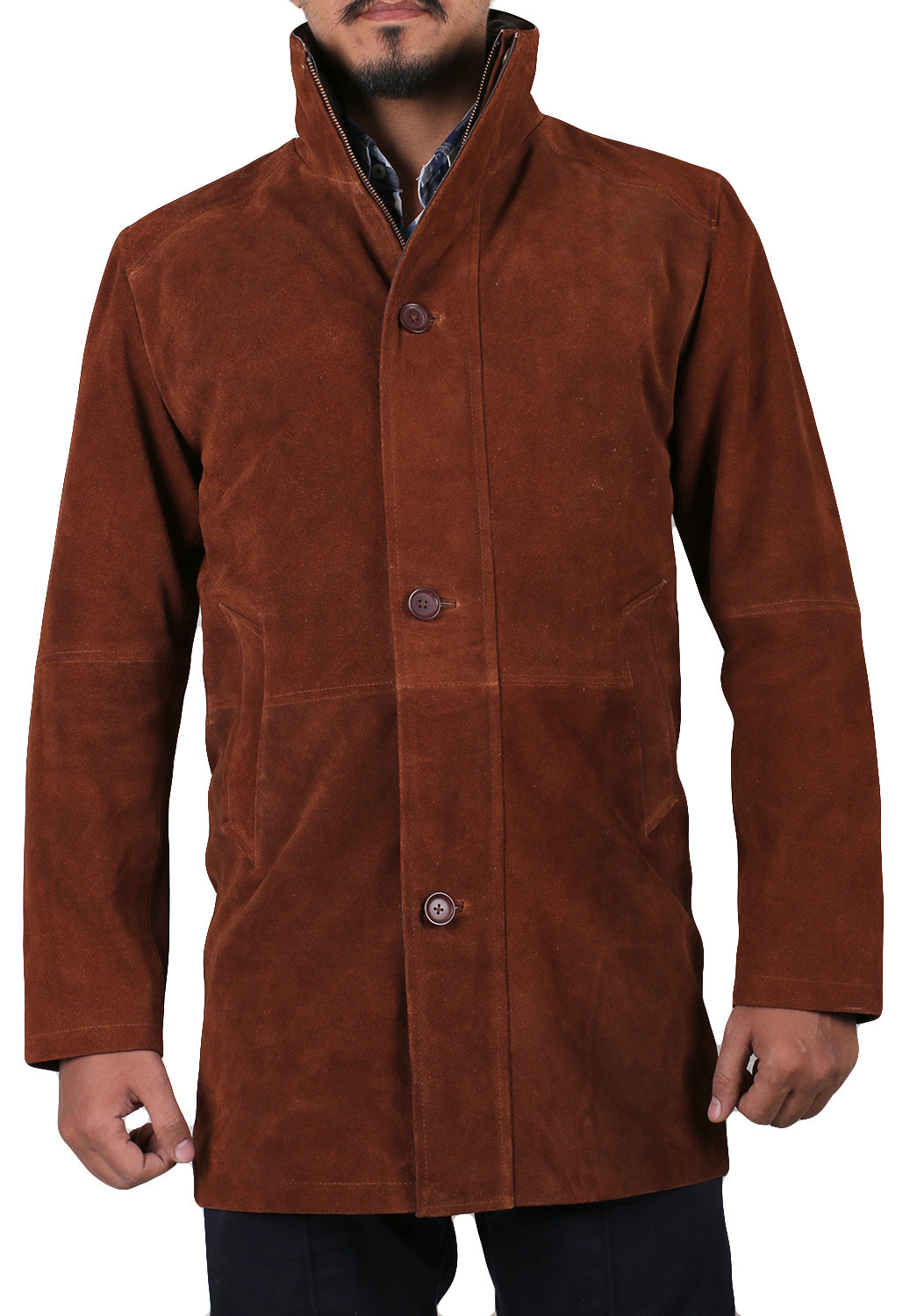 Leather Jackets Hub Men's SHERIFF WALT (ROBERT TAYLOR) COW SUEDE LEATHER COAT (Suede-Tan, Long Coat) - 1502774