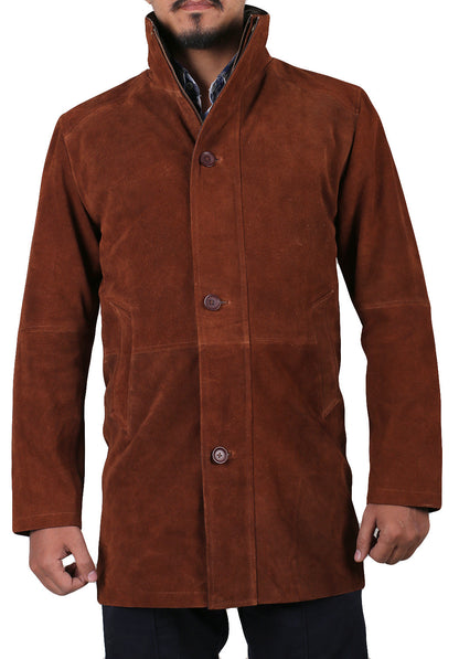 Leather Jackets Hub Men's SHERIFF WALT (ROBERT TAYLOR) COW SUEDE LEATHER COAT (Suede-Tan, Long Coat) - 1502774