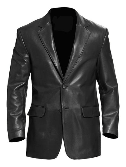 Leather Jackets Hub Men's 2 Button Stylish Blazer Cow Leather Coat (Black, Officer Jacket) - 1501793