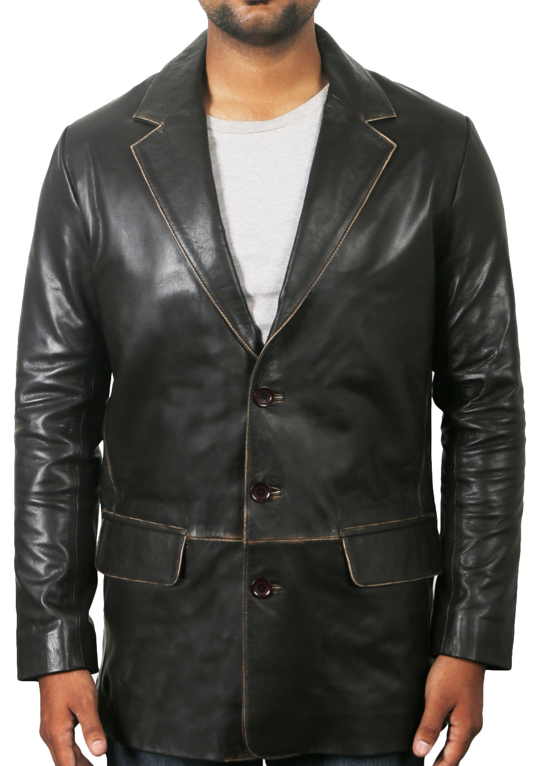 Leather Jackets Hub Men's 3 Button Vintage Real Cowhide Leather Stylish Coat (Black-Rubboff, Blazer Coat) - 1502801