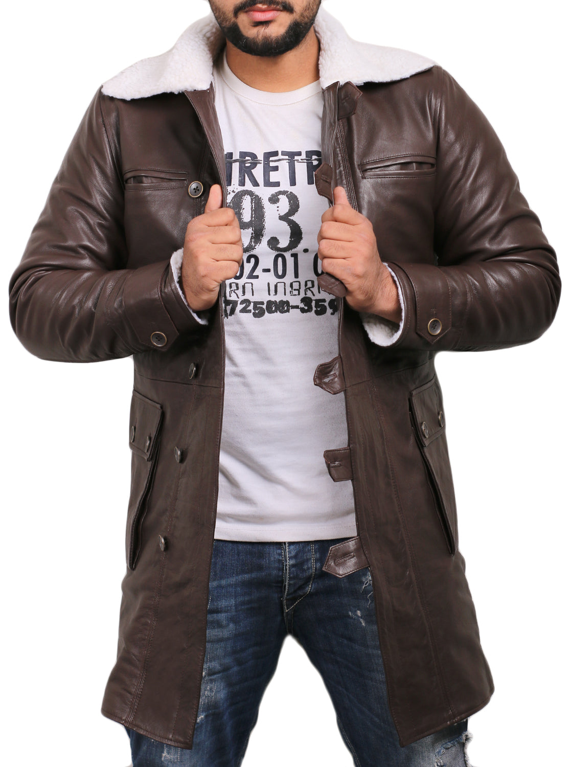 Leather Jackets Hub Mens Genuine Lambskin Leather Over Coat (Black, Shearling Coat) - 1502848