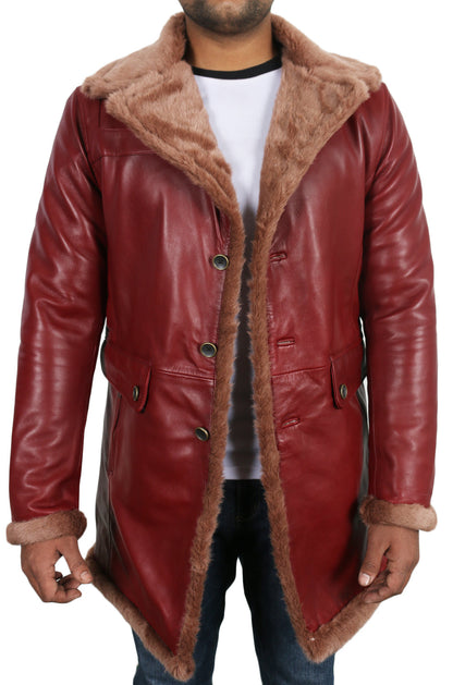 Leather Jackets Hub Mens Genuine Lambskin Leather Over Coat (Maroon, Shearling Coat) - 1702038