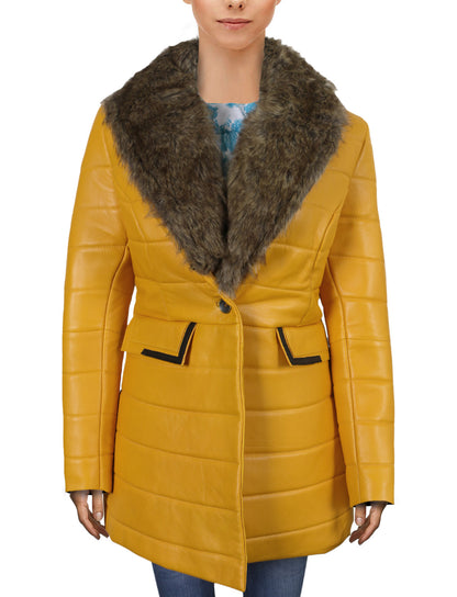 Leather Jackets Hub Womens Genuine Lambskin Leather Over Coat (Yellow, Shearling Coat) - 1722040