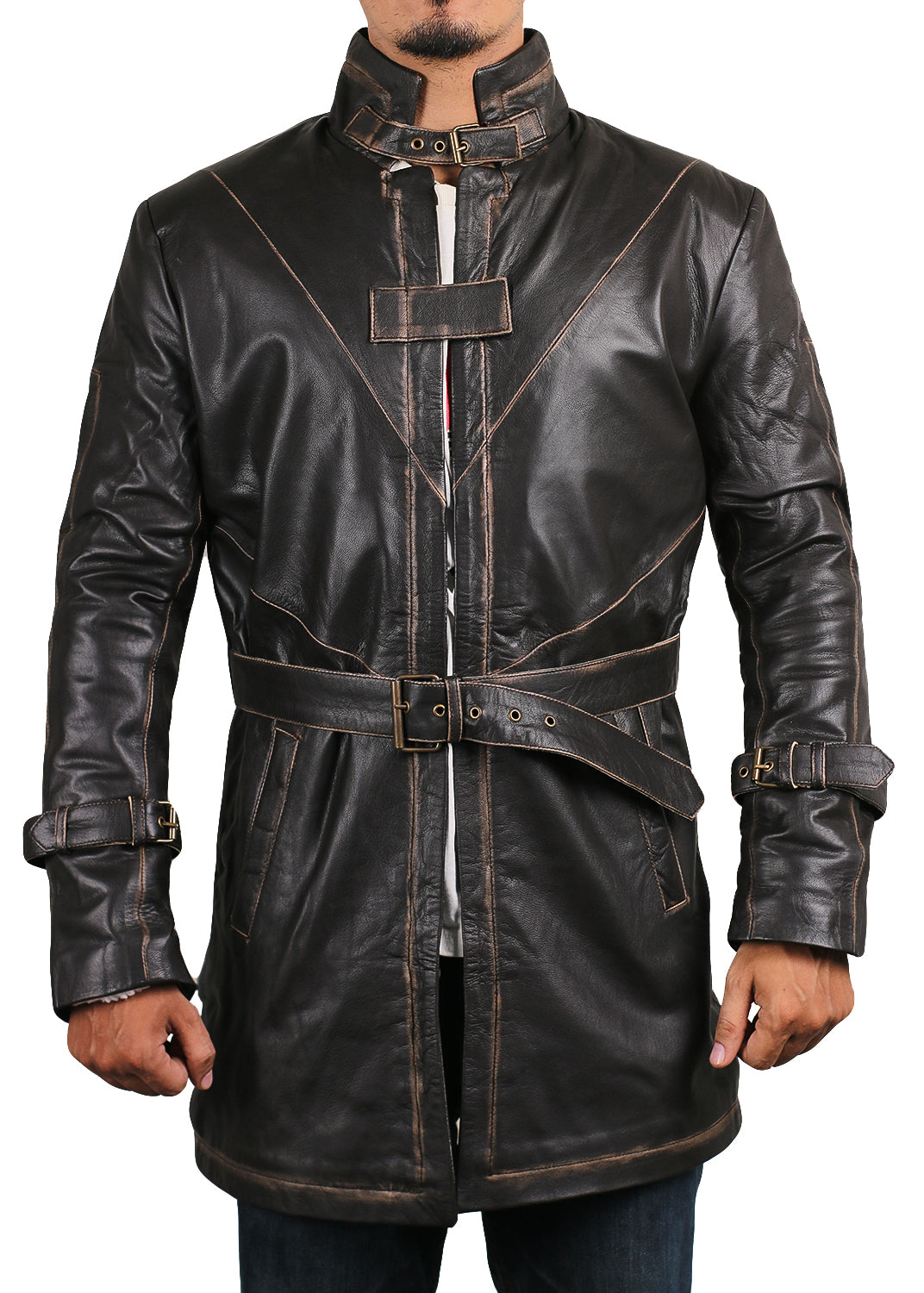 Leather Jackets Hub Mens Genuine Cow Ruboff Leather Over Coat (Black-Rubboff, Trench Coat) - 1702051