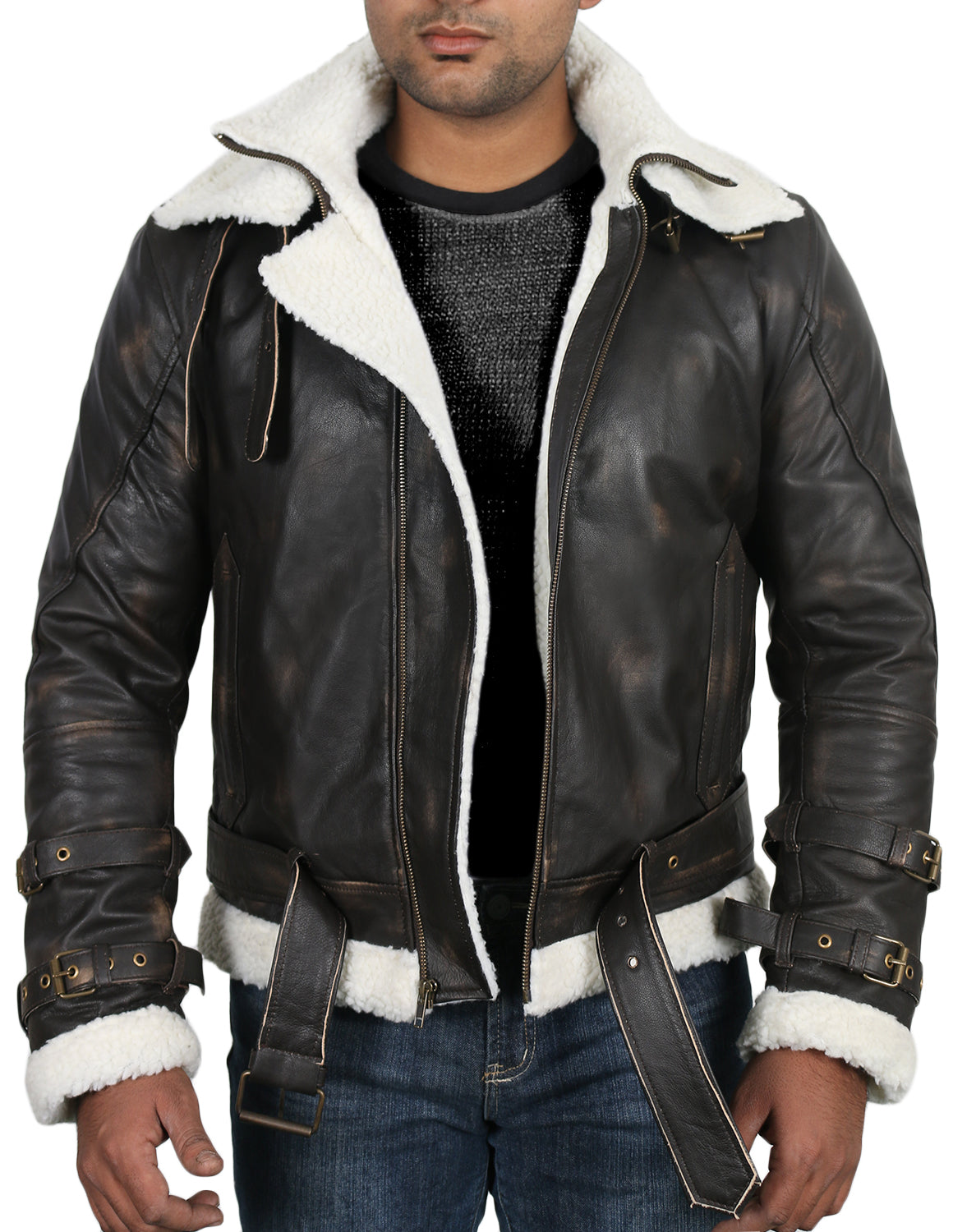 Leather Jackets Hub Mens Genuine Cow Ruboff Leather Jacket (Black-Rubboff, Aviator Jacket) - 1701069