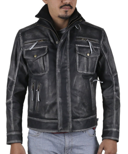 Leather Jackets Hub Mens Genuine Cow Ruboff Leather Jacket (Black-Rubboff, Racer Jacket) - 1801011