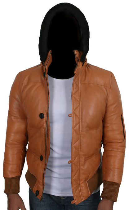 Leather Jackets Hub Mens Genuine Lambskin Leather Jacket (Cognic Tan, Hooded) - 1801020