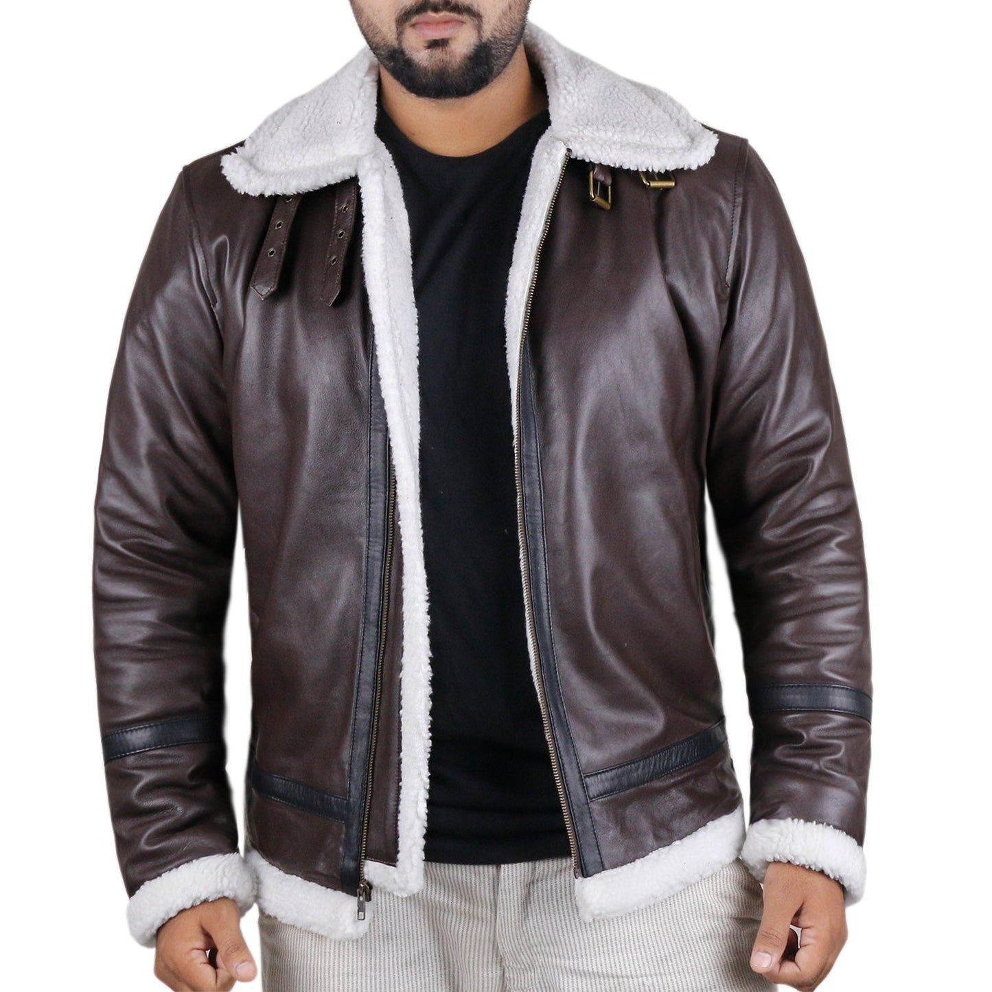Leather Jackets Hub Mens Genuine Lambskin Leather Jacket (Brown, Aviator Jacket) - 1801021