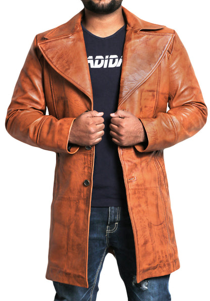 Leather Jackets Hub Mens Genuine Lambskin Leather Over Coat (Vax Cognic Tan, Blazer Coat) - 1802004