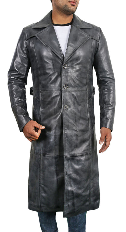 Leather Jackets Hub Mens Genuine Lambskin Leather Long Coat (Vax Gray, Over Coat) - 1802007