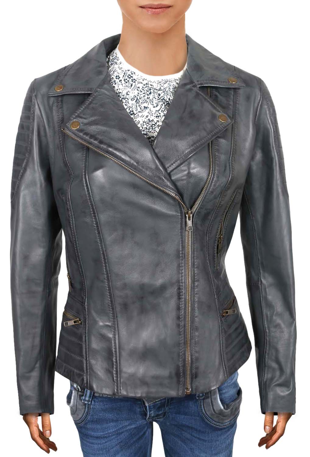 Leather Jackets Hub Womens Genuine Lambskin Leather Jacket (Vax Gray, Double Rider Jacket) - 1821009