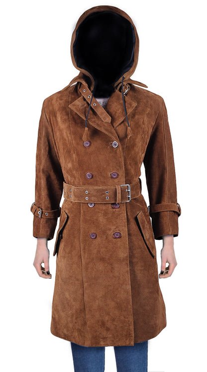 Leather Jackets Hub Womens Genuine Cow suede Leather Over Coat (Suede-Brown, Trench Coat) - 2122001