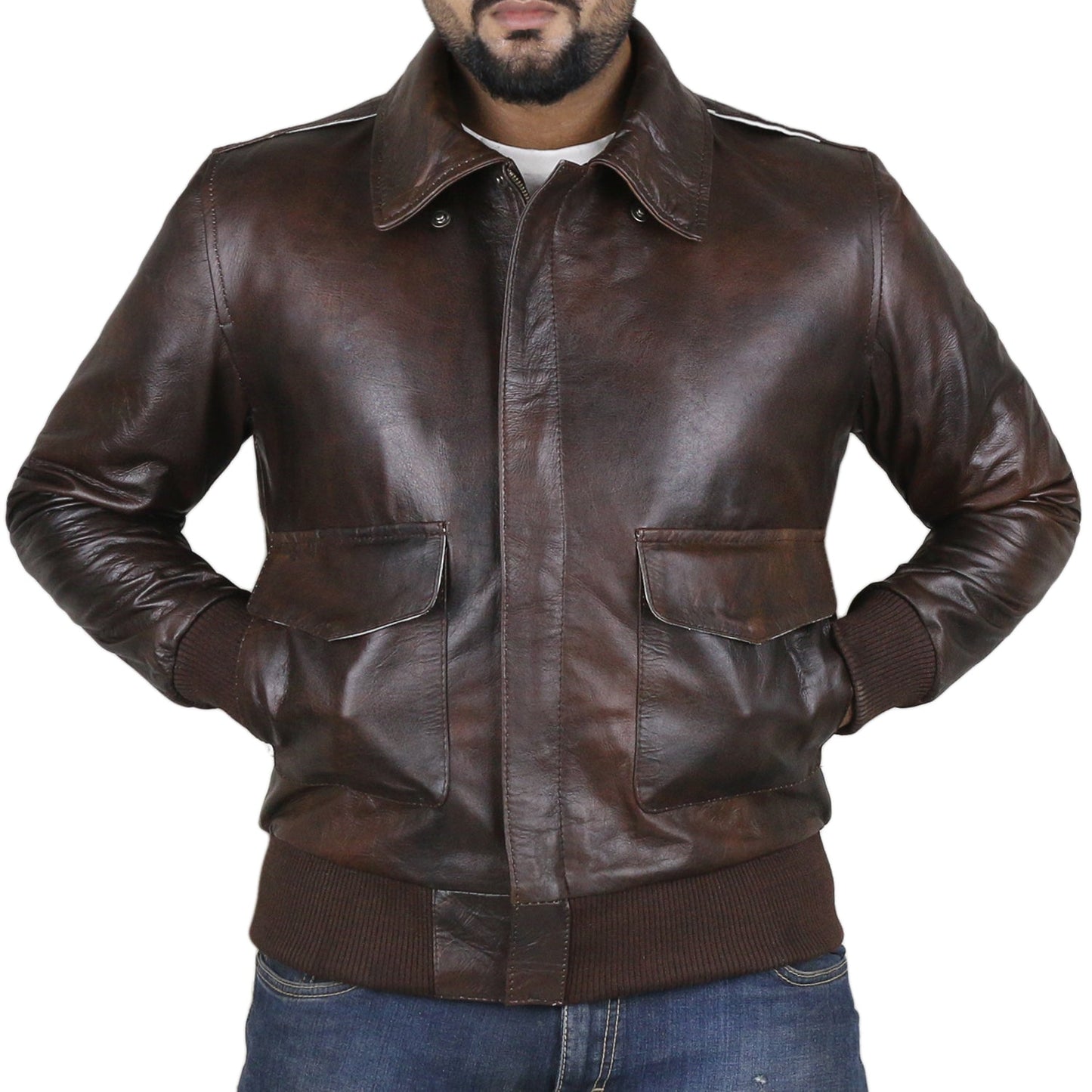 Leather Jackets Hub Mens Genuine Lambskin Leather Jacket (Brown-Tan, Aviator Jacket) - 2201001
