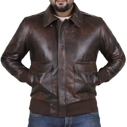 Leather Jackets Hub Mens Genuine Lambskin Leather Jacket (Brown-Tan, Aviator Jacket) - 2201001