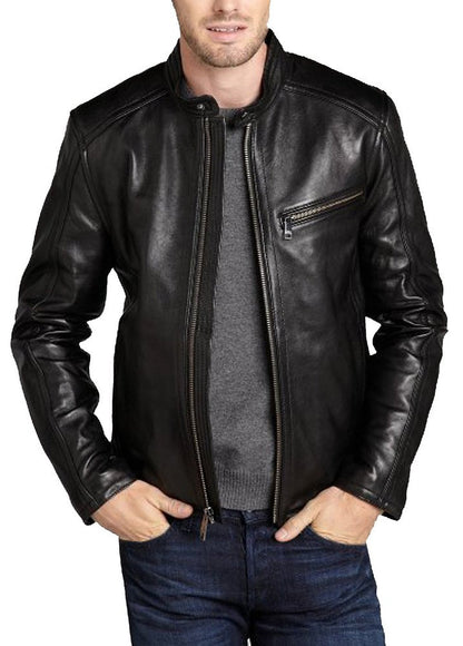 Leather Jackets Hub Mens Genuine Cowhide Leather Jacket (Black, Racer Jacket) - 1501421