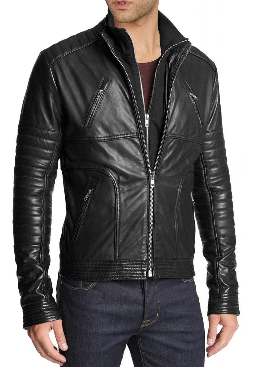 Leather Jackets Hub Mens Genuine Cowhide Leather Jacket (Black, Racer Jacket) - 1501061 - Leather Jackets Hub