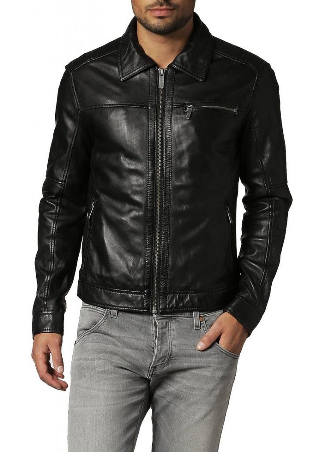 Leather Jackets Hub Mens Genuine Lambskin Leather Jacket (Black, Aviator Jacket) - 1501093