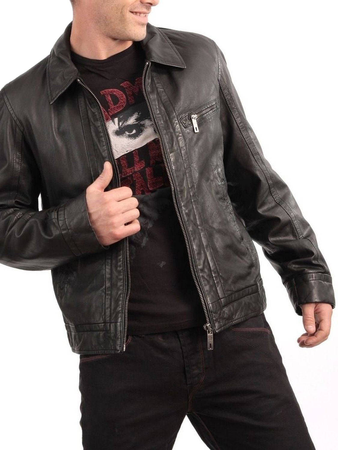 Leather Jackets Hub Mens Genuine Lambskin Leather Jacket (Black, Aviator Jacket) - 1501214