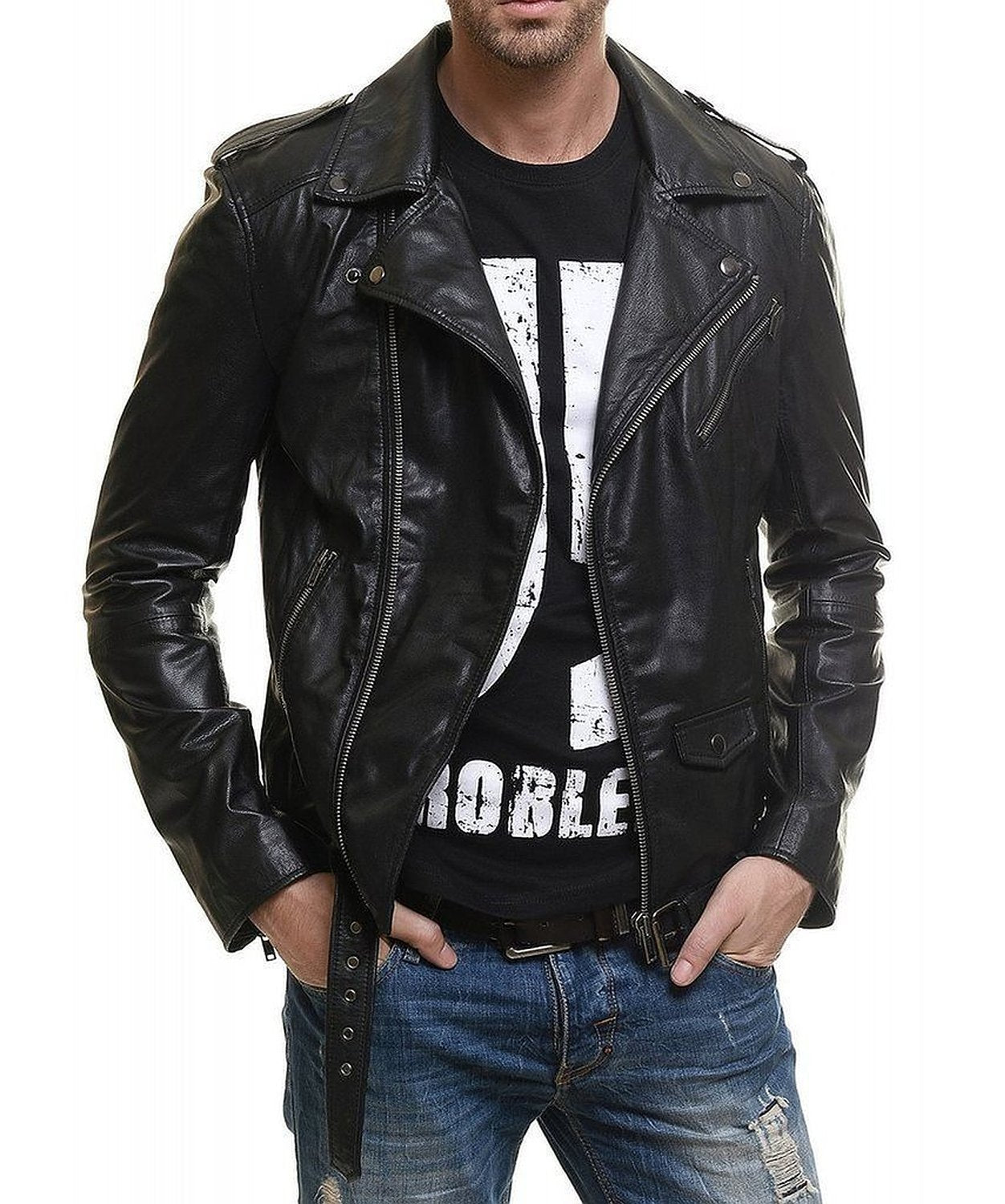 Leather Jackets Hub Mens Genuine Lambskin Leather Jacket (Black, Moto Jacket) - 1501177
