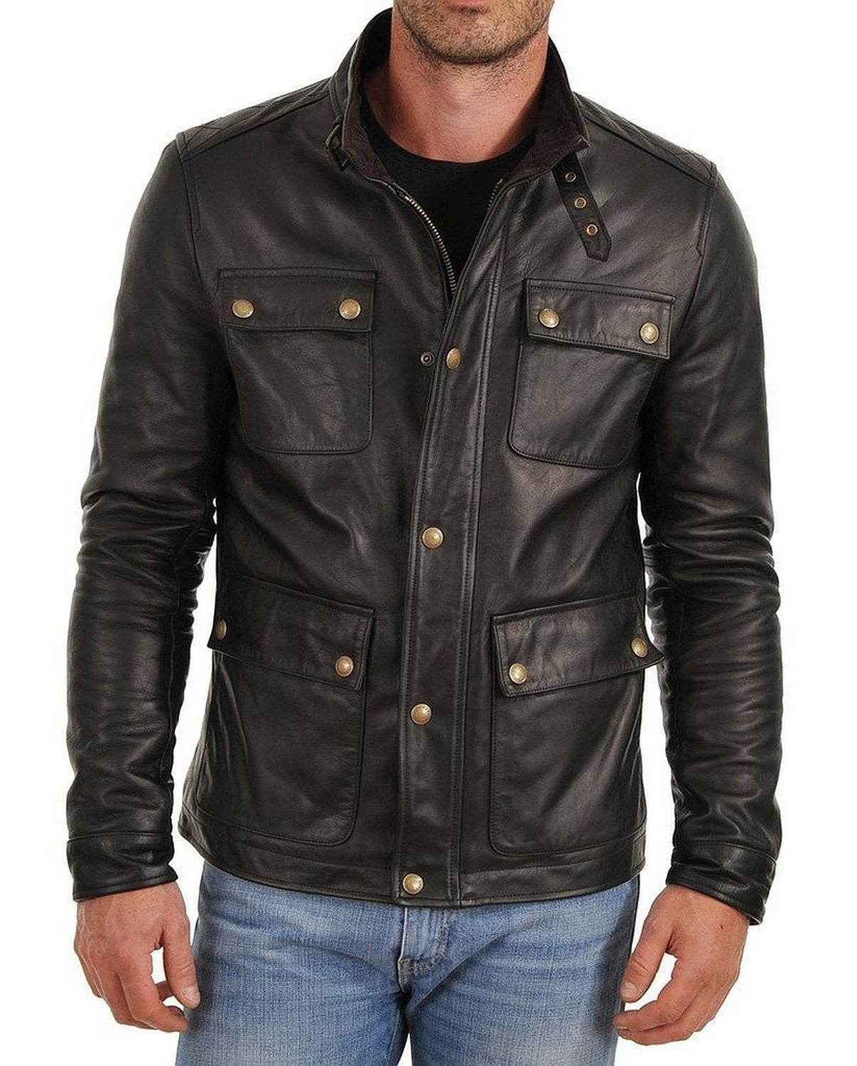 Leather Jackets Hub Mens Genuine Lambskin Leather Jacket (Black, Officer Jacket) - 1501024