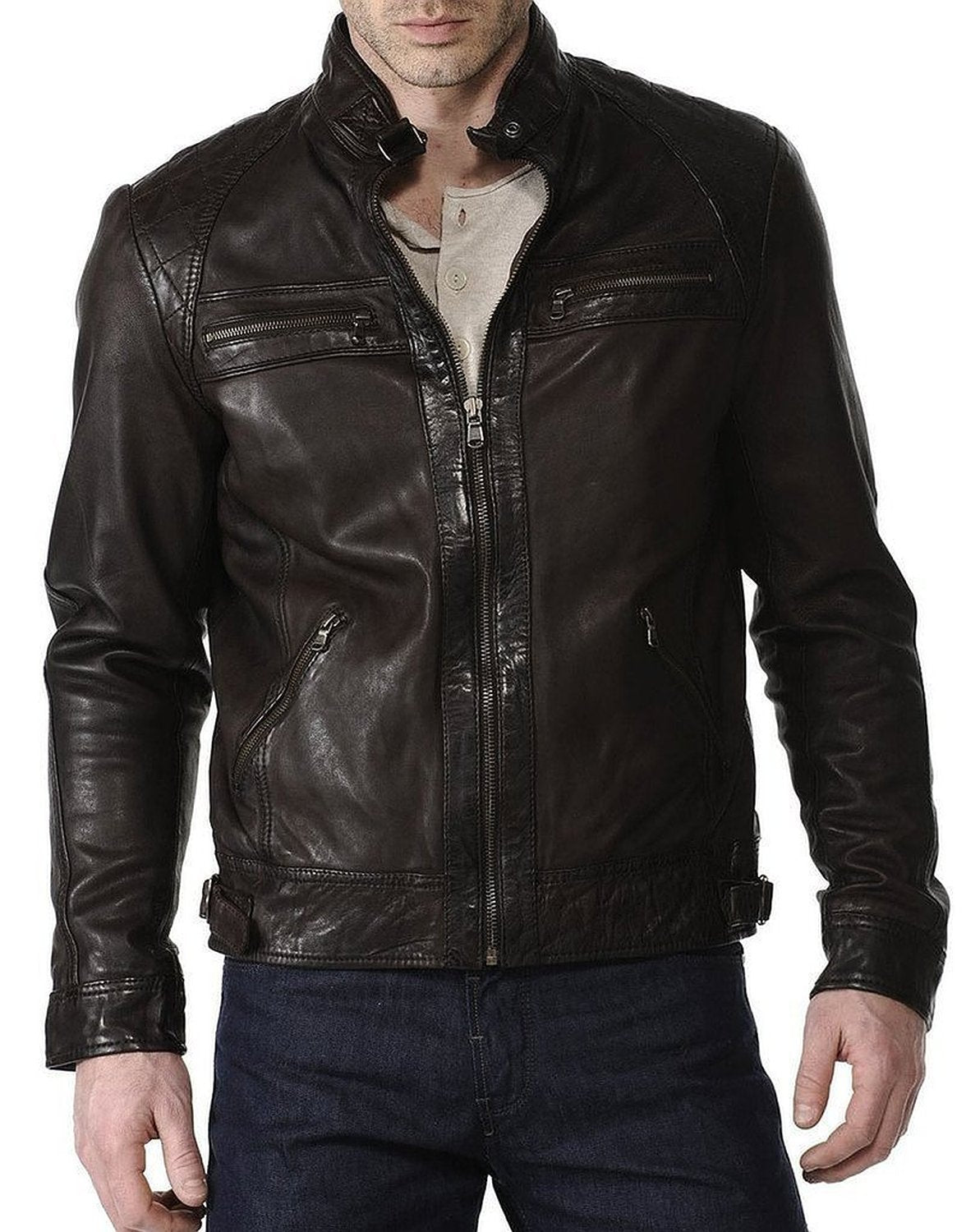 Leather Jackets Hub Mens Genuine Lambskin Leather Jacket (Black, Racer Jacket) - 1501018