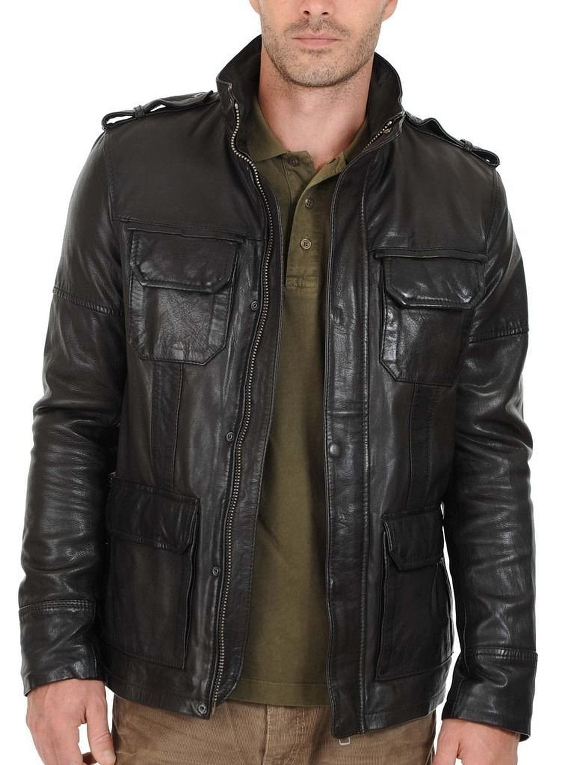 Leather Jackets Hub Mens Genuine Lambskin Leather Jacket (Black, Field Jacket) - 1501287
