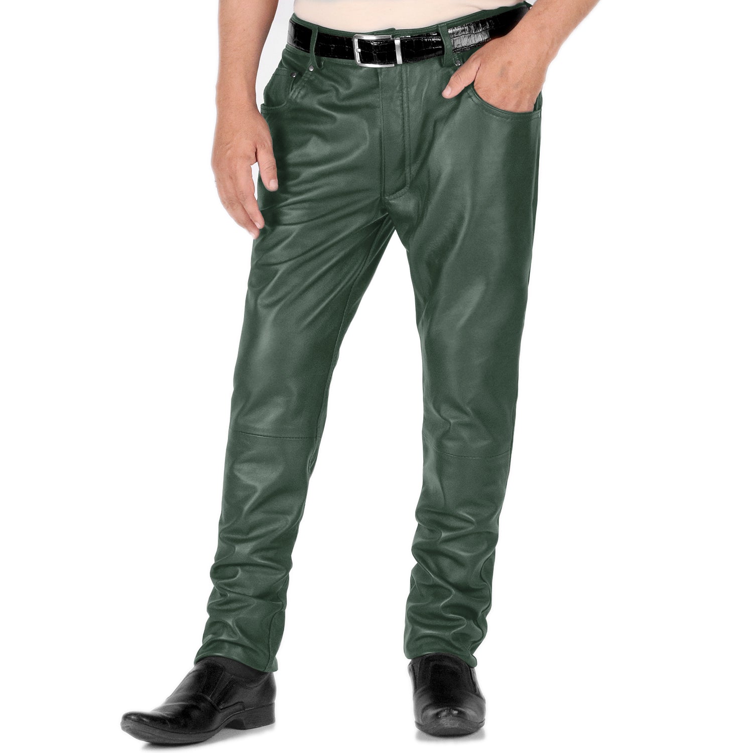 Green@Thalor-Men's-Green-Slim-Fit-Leather-Pants