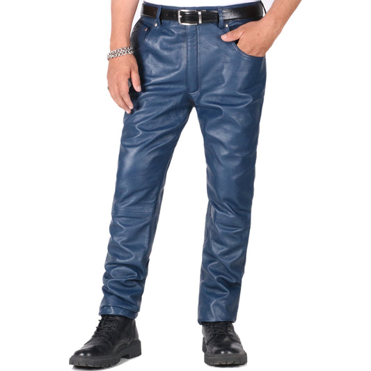 Navy Blue@Thalor-Men's-Blue-Slim-Fit-Leather-Pants