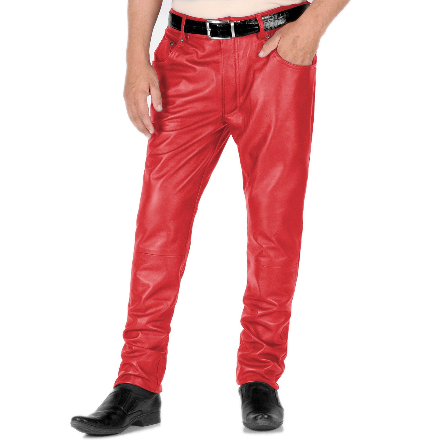 Red@Thalor-Men's-Red-Slim-Fit-Leather-Pants