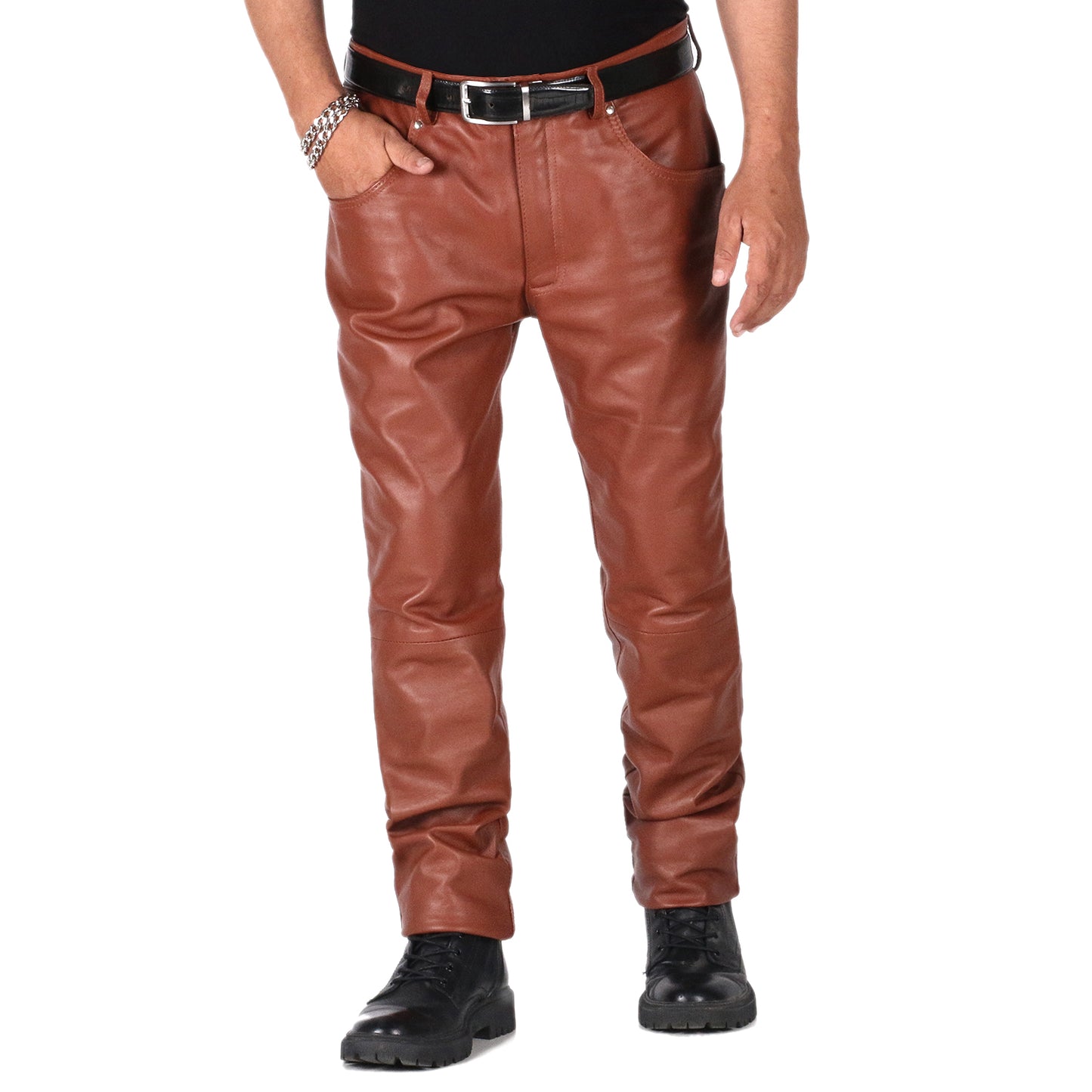 Brivon Men's Green Slim Fit Leather Pants