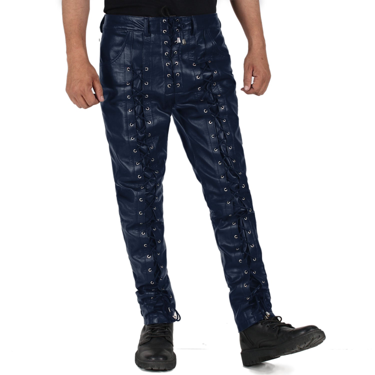 Navy Blue@Zephor-Men's-Blue-Faux-Leather-Pants