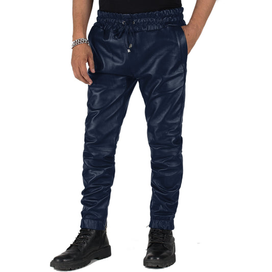 Navy Blue@Aethor-Men's-Blue-Faux-Leather-Pants