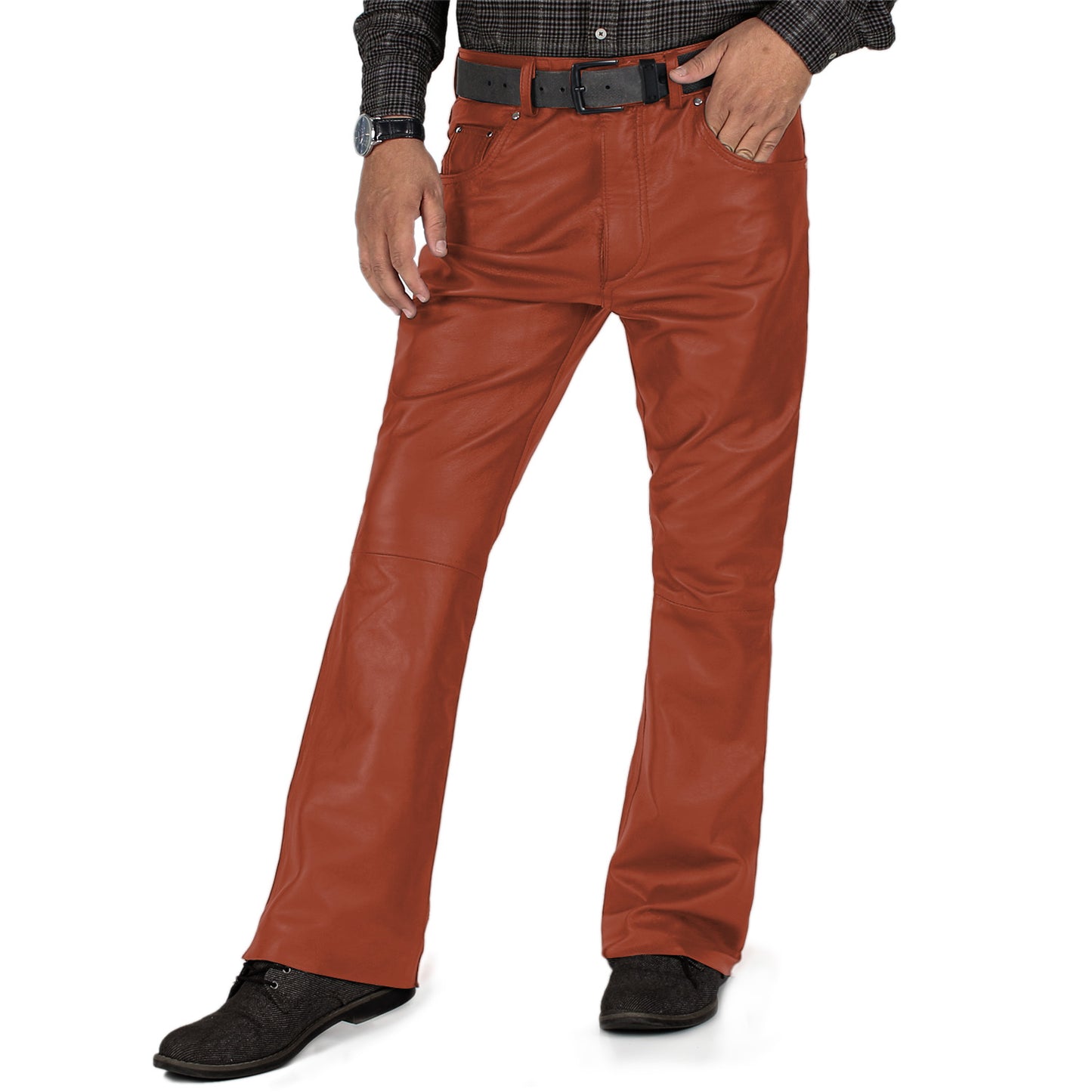 Crionis Men's Brown Slim Fit Leather Pants