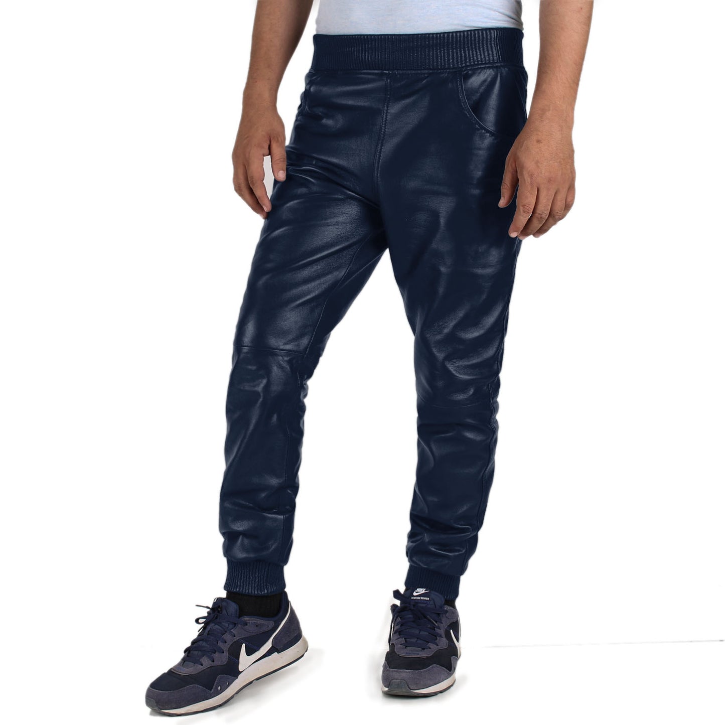 Navy Blue@Delara-Men's-Blue-Faux-Leather-Pants