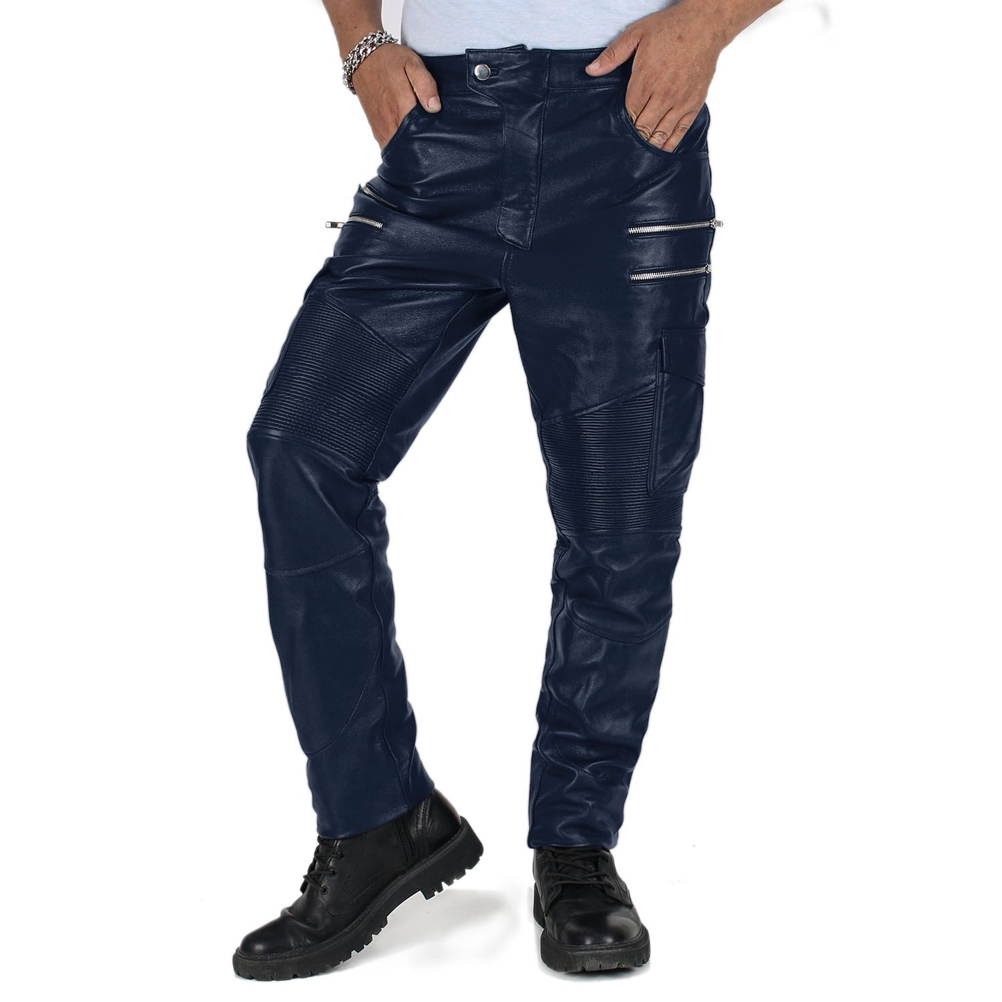 Navy Blue@Eryon-Men's-Blue-Leather-Motorcycle-Pants