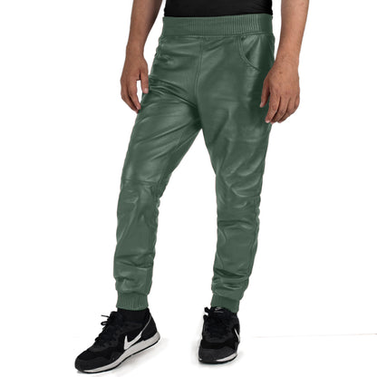 Delara-Mens-Green-Leather-Jogger-Pants