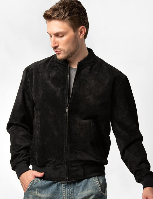 Suede-Black@glorix-black-suede-bomber-leather-jacket