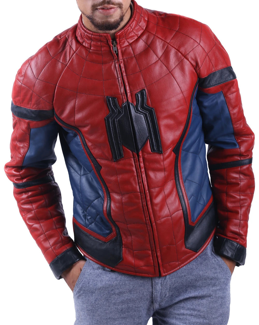 Red-Navy Blue@Leather-Jackets-Hub-Mens-Genuine-Lambskin-Leather-Jacket-(Red-Navy-Blue,-Spider-Man)---LJH1047