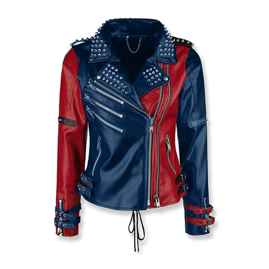 Red-Navy Blue@Suicide-Squad-Harley-Quinn-Red-and-Blue-Leather-Jacket