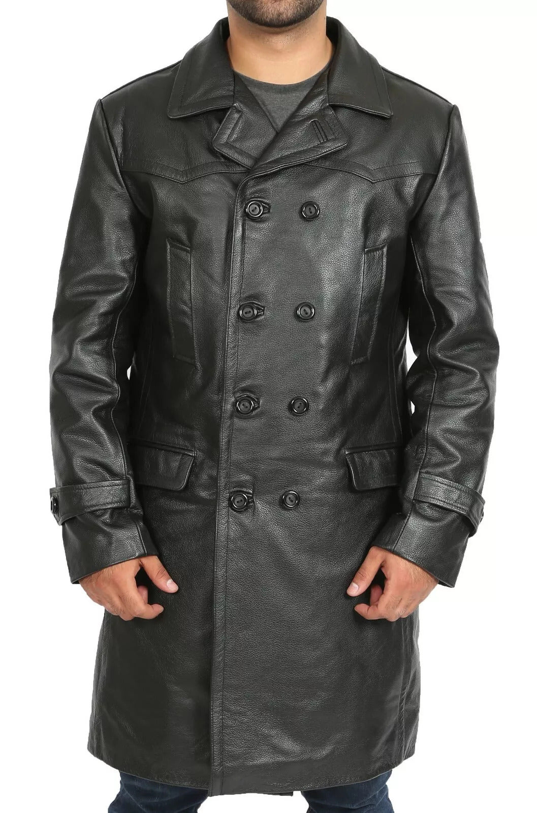 Black@classic-double-breasted-leather-trench-coat