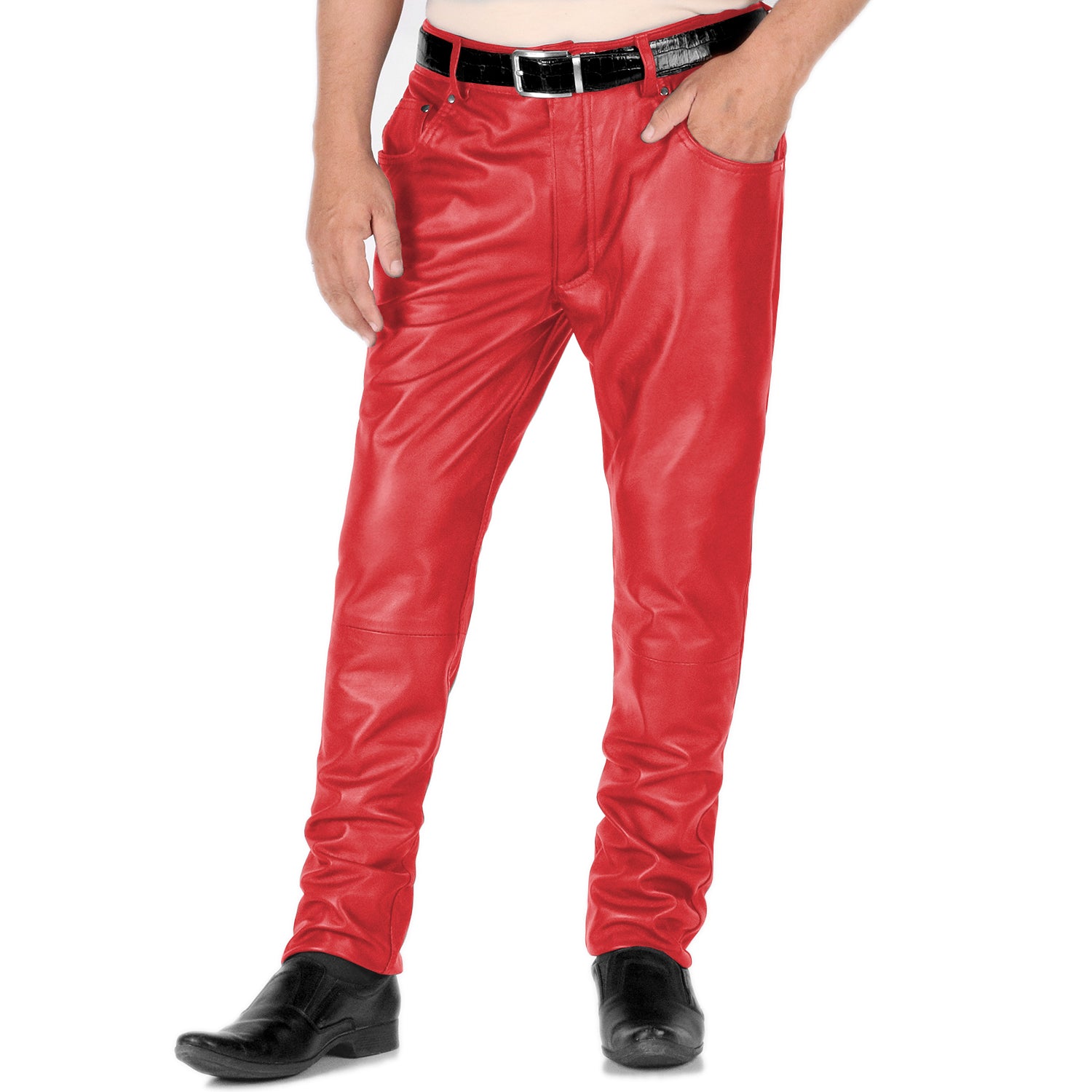 Red@Thalor-Mens-Red-Slim-Fit-Leather-Pants